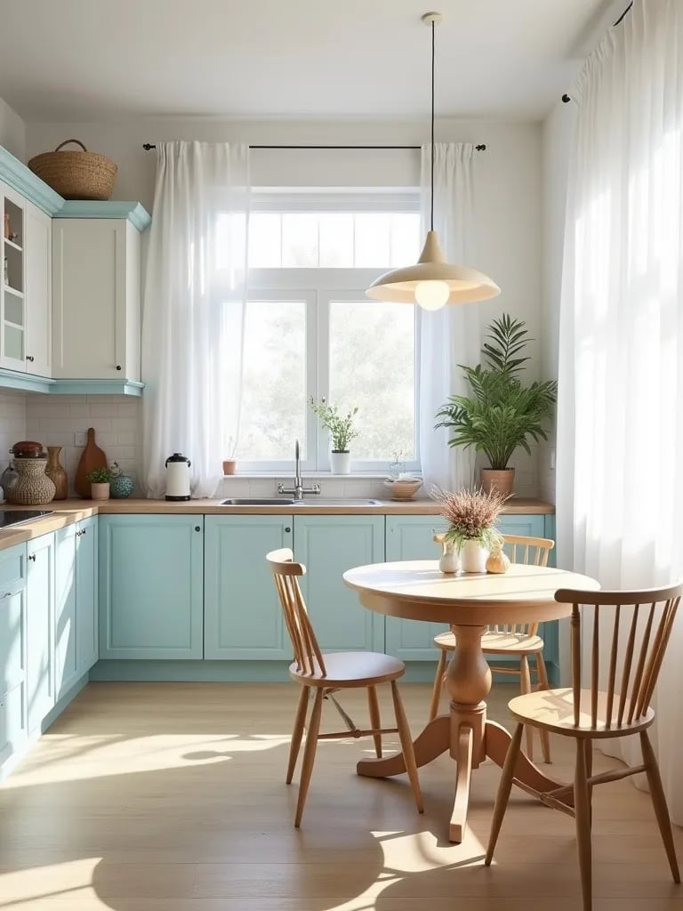 Bright Scandinavian kitchen with pale blue cabinets and mixed wood white furniture