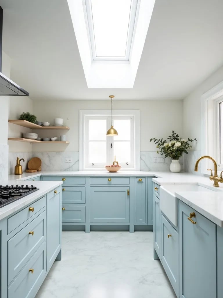 Bright Scandinavian kitchen with pale blue cabinets and skylight