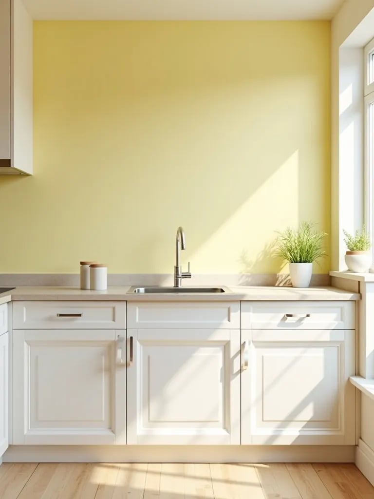 Bright Scandinavian kitchen with pale yellow walls and white cabinets