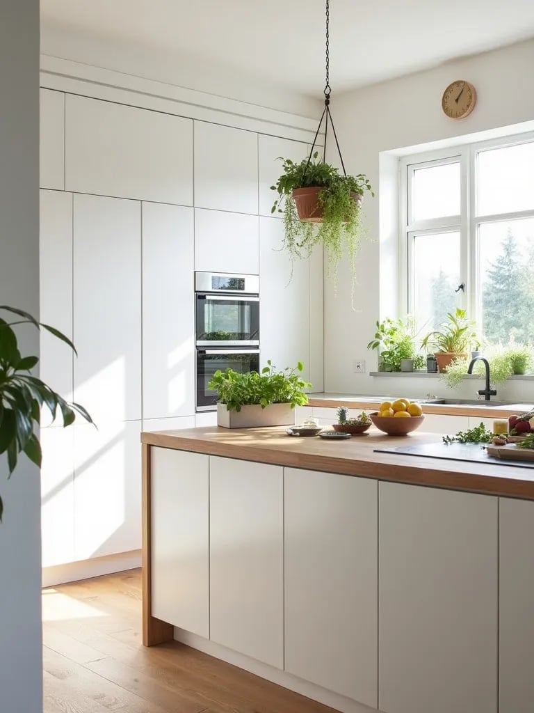 Bright Scandinavian kitchen with white cabinets and abundant greenery