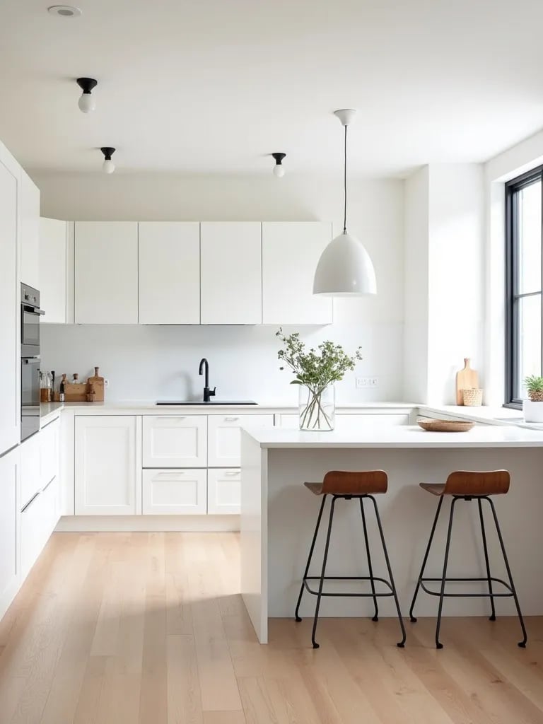 Bright Scandinavian kitchen with white cabinets and large window