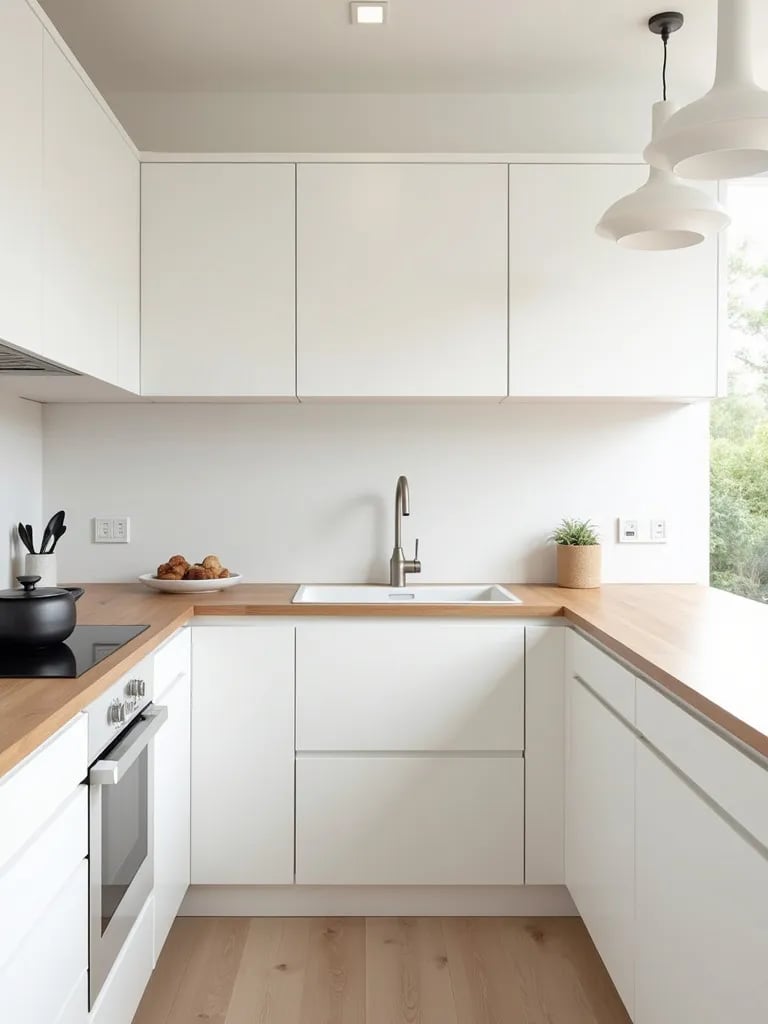 Bright Scandinavian kitchen with white cabinets and light wood accents