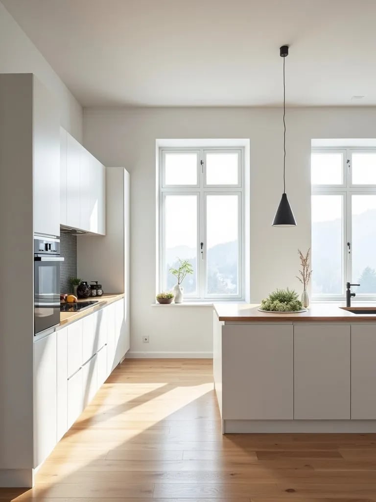 Bright Scandinavian kitchen with white cabinets and natural light