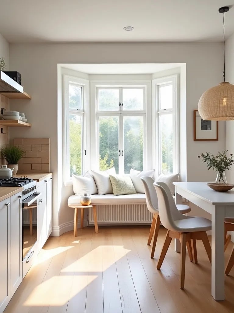 Bright Scandinavian kitchen with white cabinets and pastel accents