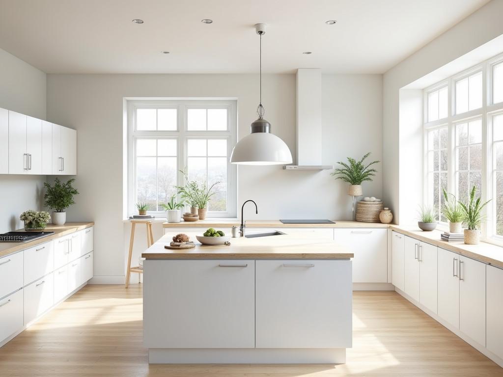 Bright Scandinavian kitchen with white cabinets and wooden accents
