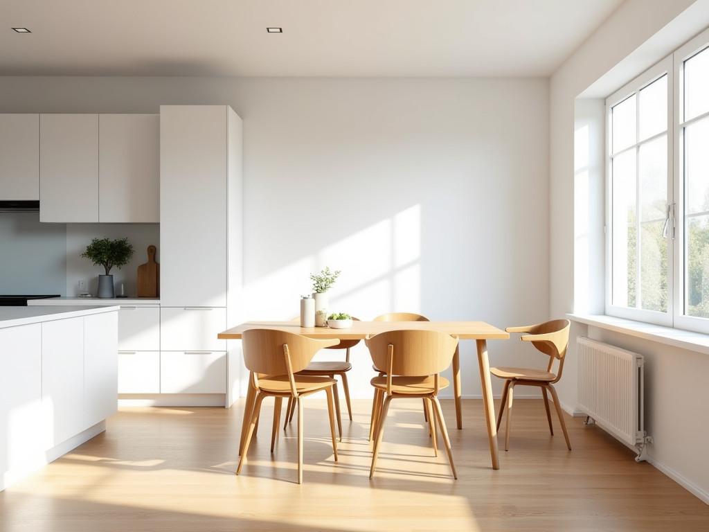 Bright Scandinavian kitchen with white cabinets and wooden dining set