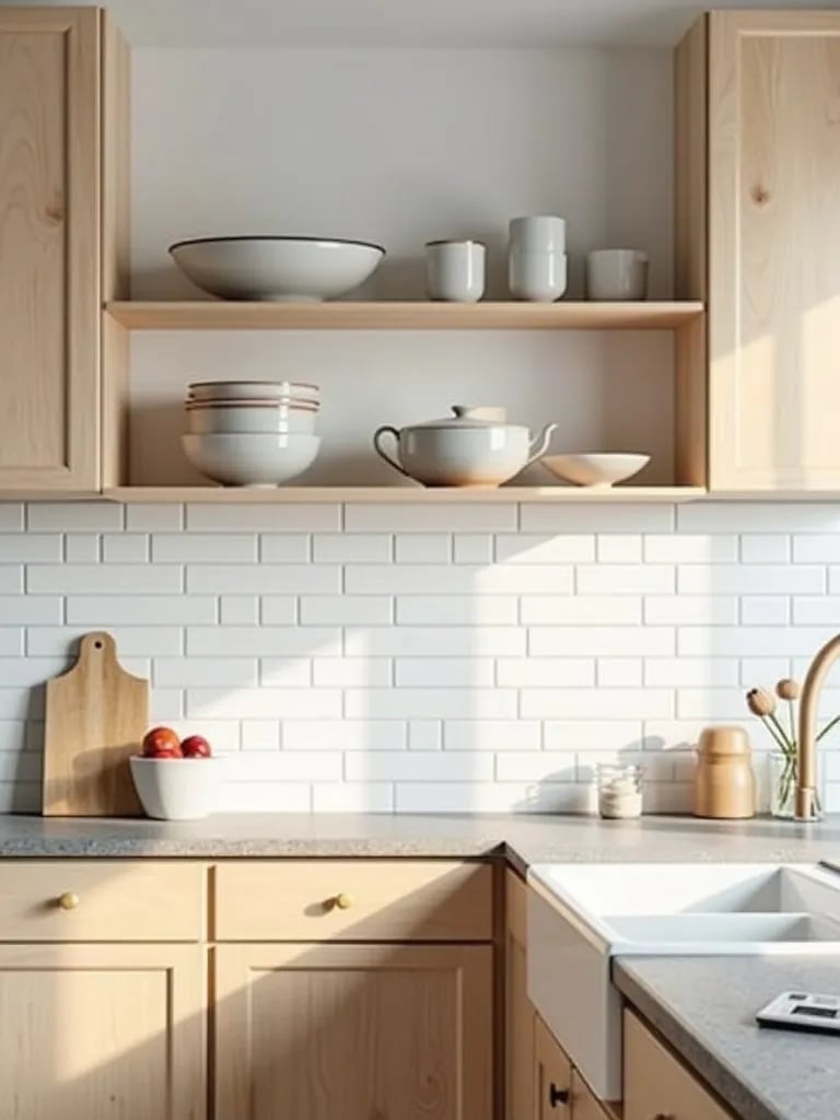 Bright Scandinavian kitchen with wood cabinets and open shelving