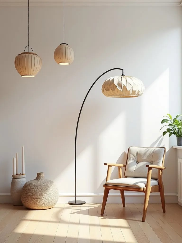 Bright Scandinavian living room with mixed lighting and natural light