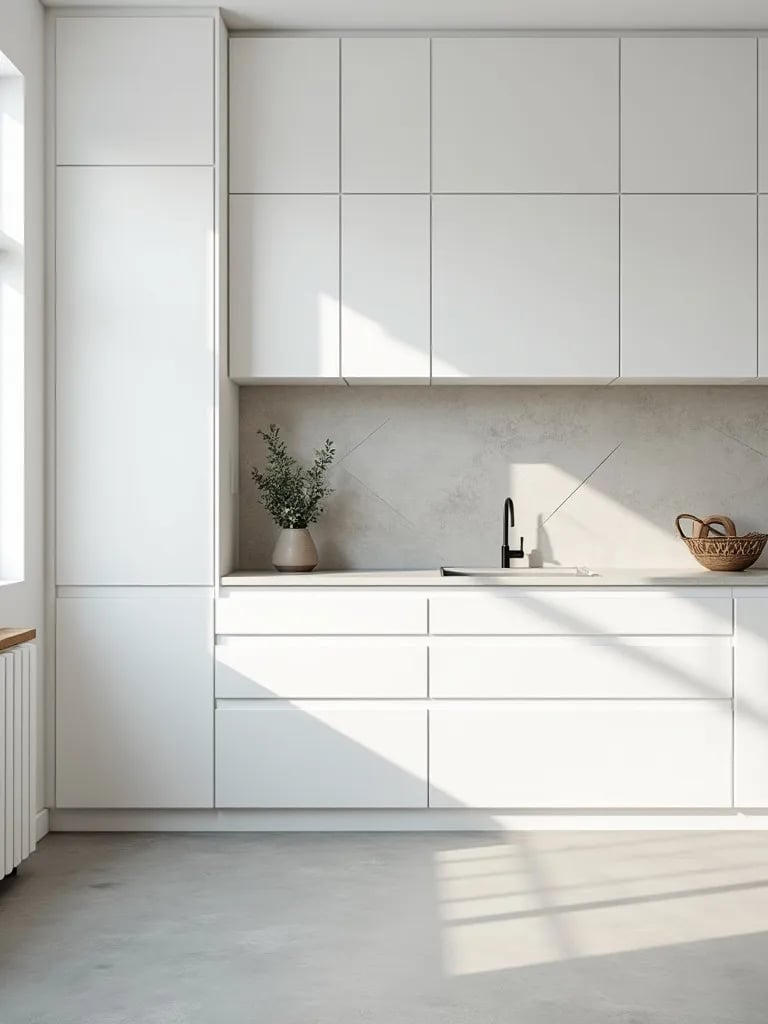 Bright Scandinavian style kitchen featuring geometric tile accent wall