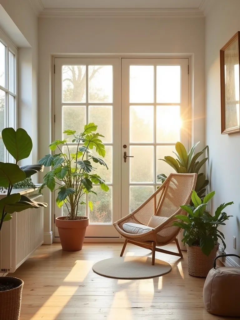 Bright Scandinavian style living room with plants and golden sunlight
