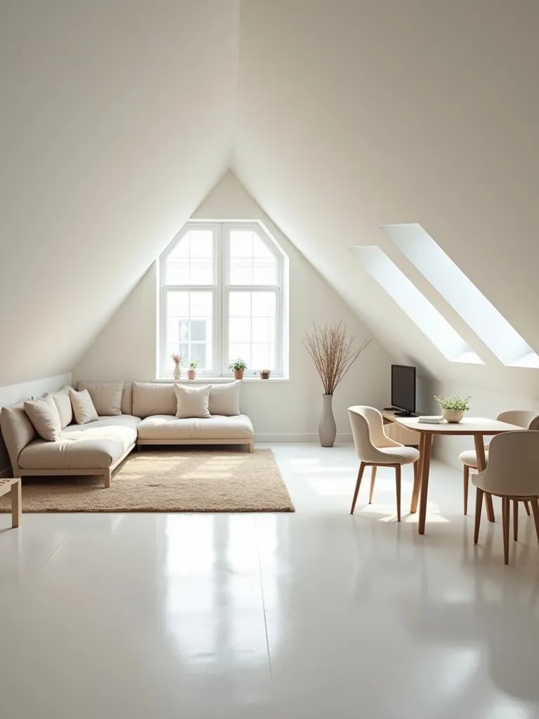 Bright attic living room with multiple skylights and slanted ceilings