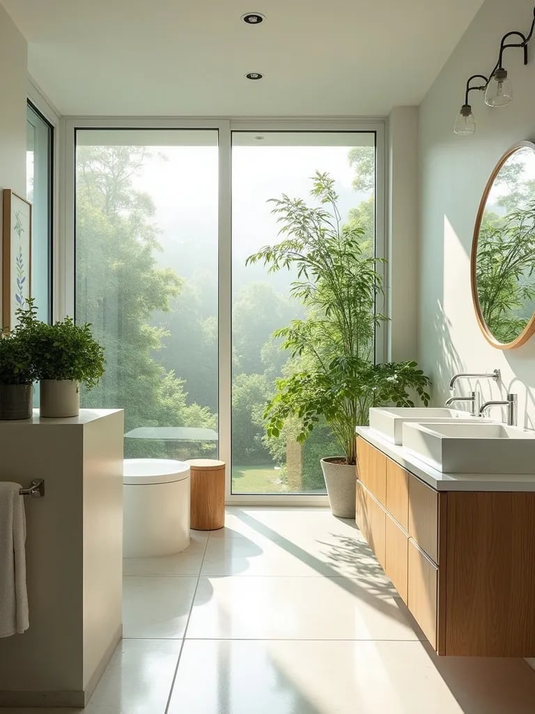 Bright bathroom with large windows and indoor herb garden