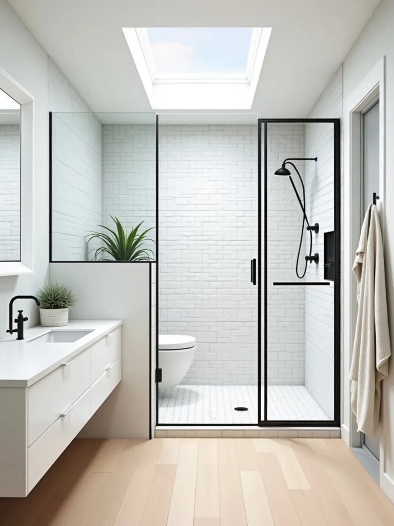 Bright bathroom with skylights, walk in shower, and wooden flooring