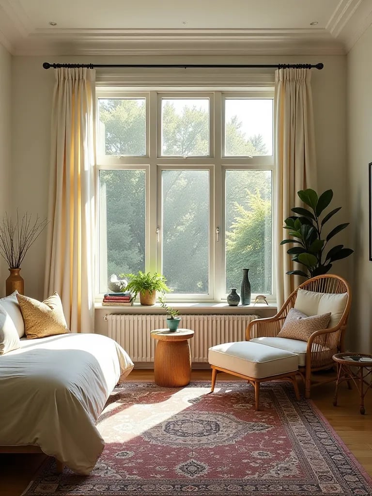 Bright boho bedroom with rattan furniture, upholstered pieces, and peacock chair