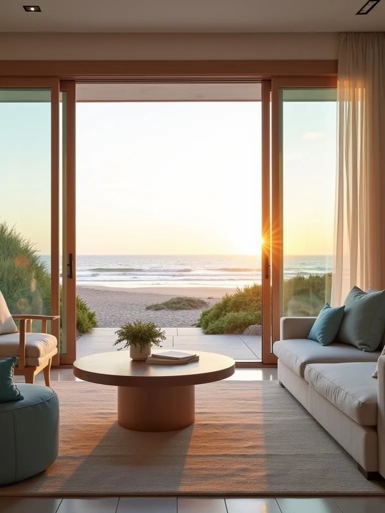 Bright coastal living room with sliding doors overlooking beach at sunset