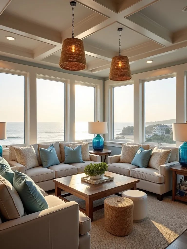 Bright coastal living room with themed lighting at golden hour