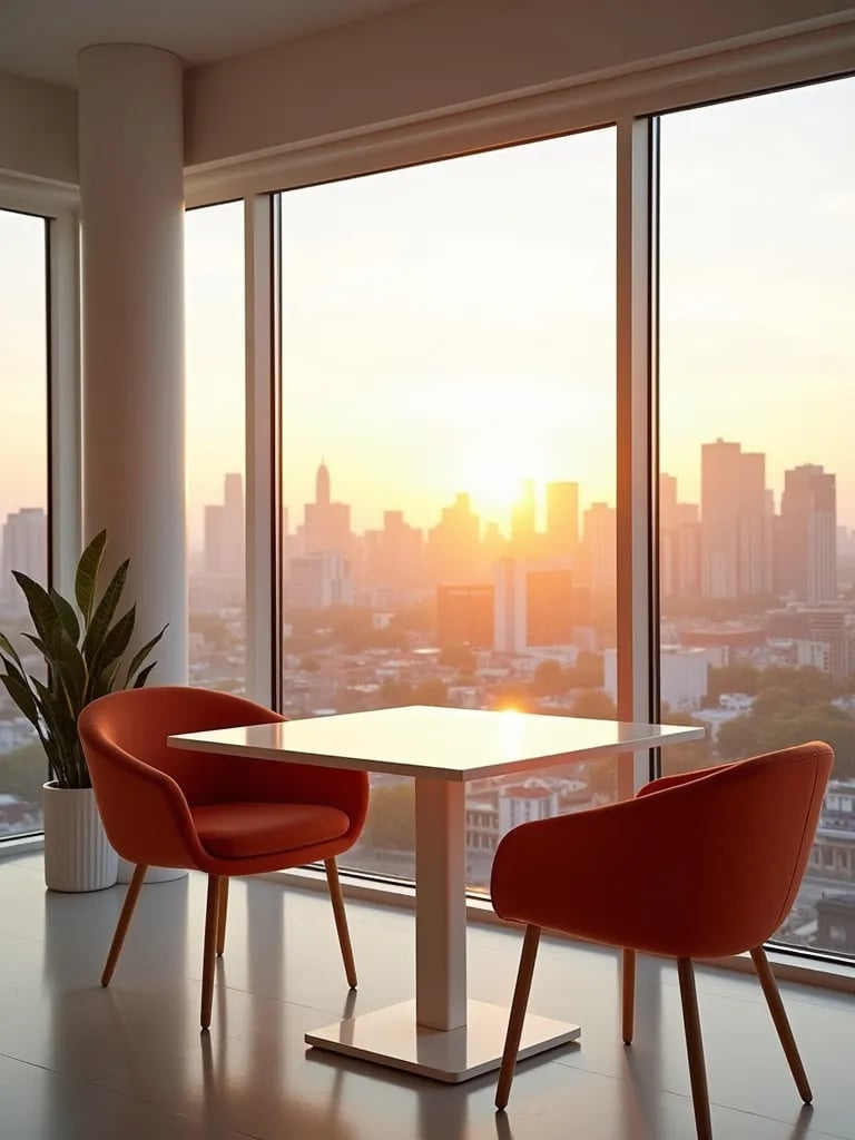 Bright dining room with floor to ceiling windows and city skyline view