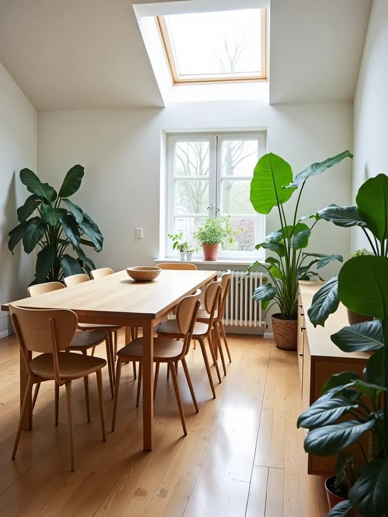 Bright dining room with wooden table and mismatched modern chairs