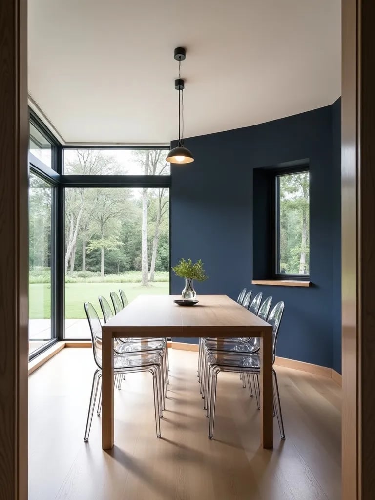 Bright dining room with wooden table, ghost chairs, and navy accent wall