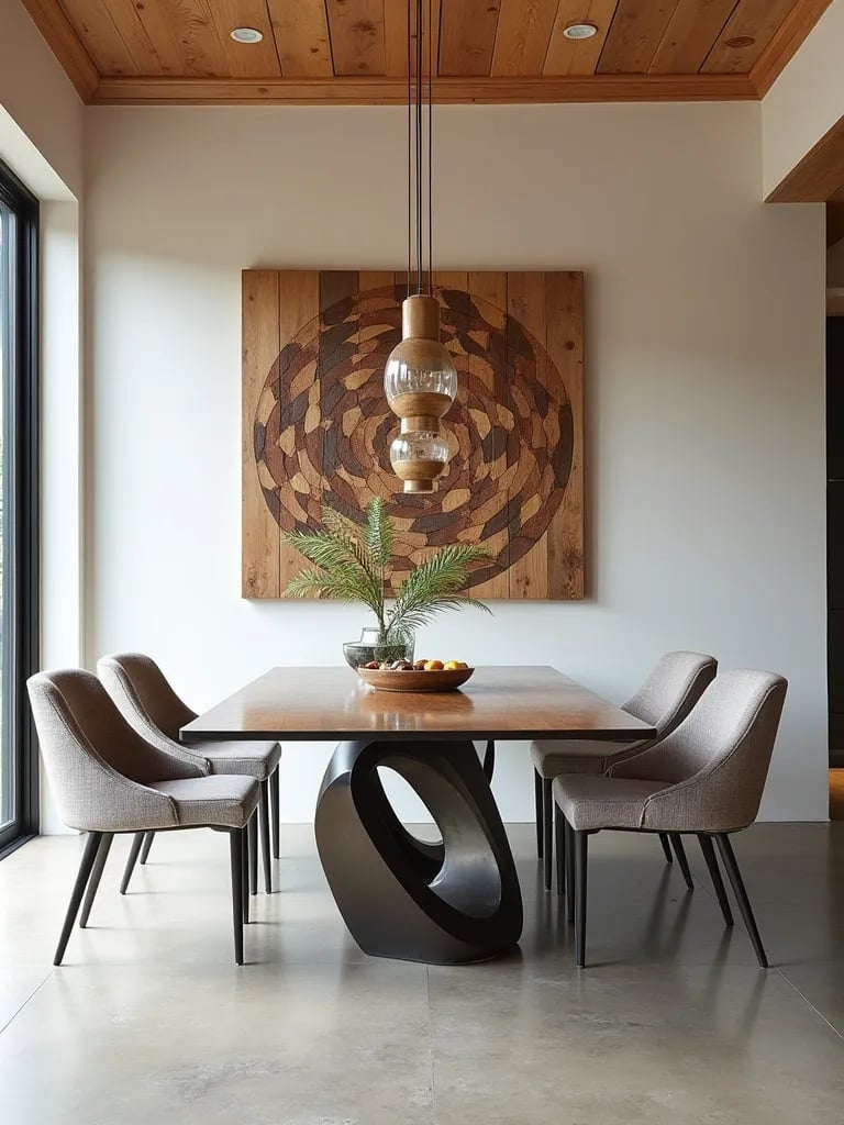 Bright dining space with concrete floor and furniture made from recycled materials