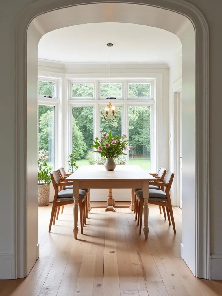 Bright dining space with refurbished chairs and recycled composite table