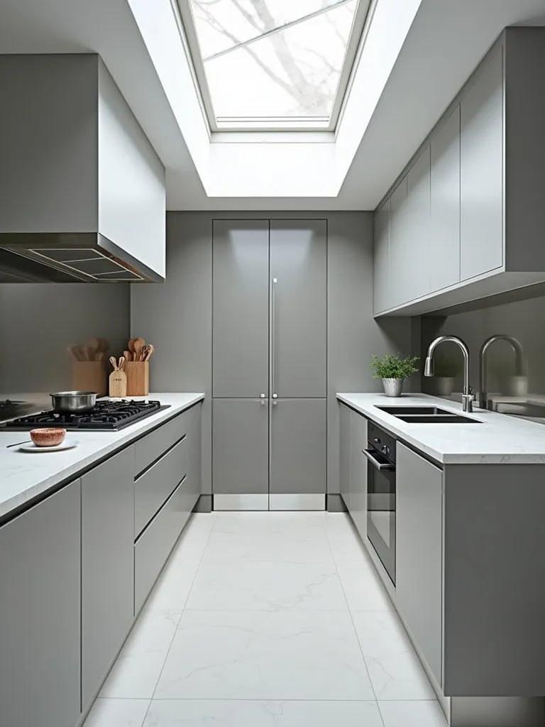 Bright galley kitchen with skylight and glossy gray cabinetry