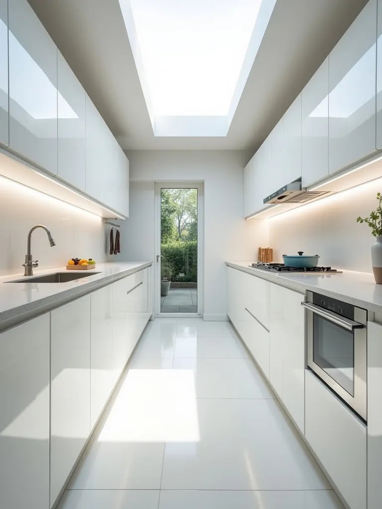 Bright galley kitchen with under cabinet LED lighting and skylight