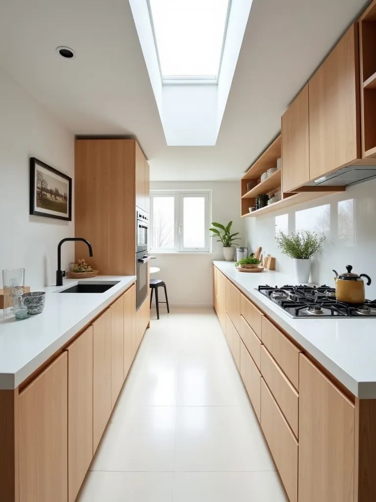 Bright galley style Scandinavian kitchen with long skylight