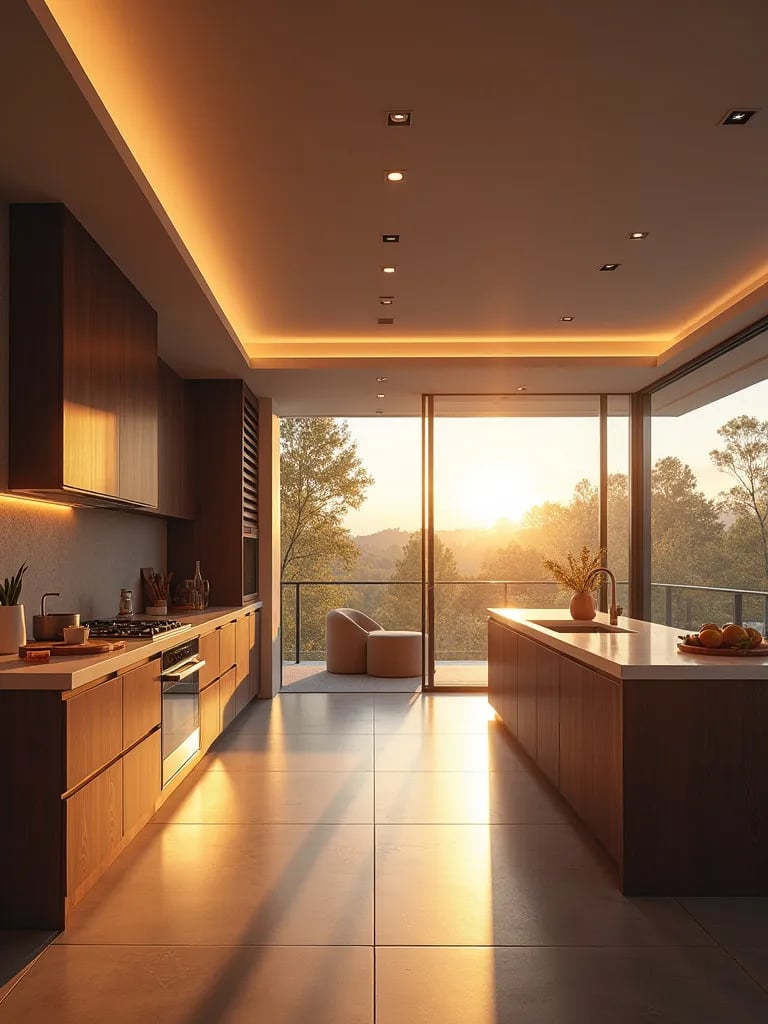 Bright kitchen with floor to ceiling windows and recessed lighting