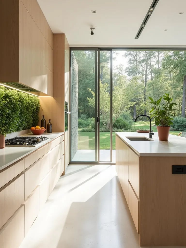 Bright kitchen with wood cabinets, white counters, and herb wall
