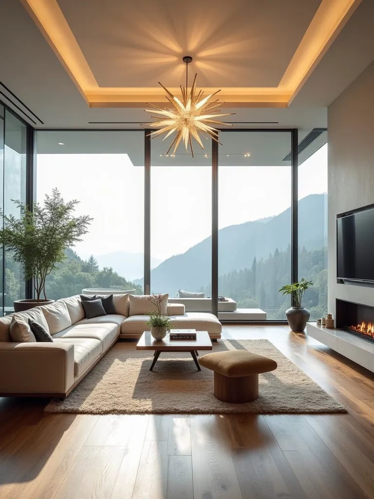 Bright living room featuring artistic ceiling light and floor to ceiling windows