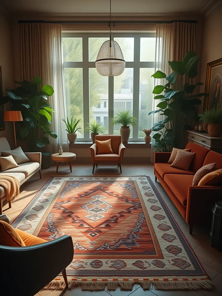 Bright living room featuring layered rugs and eclectic furniture