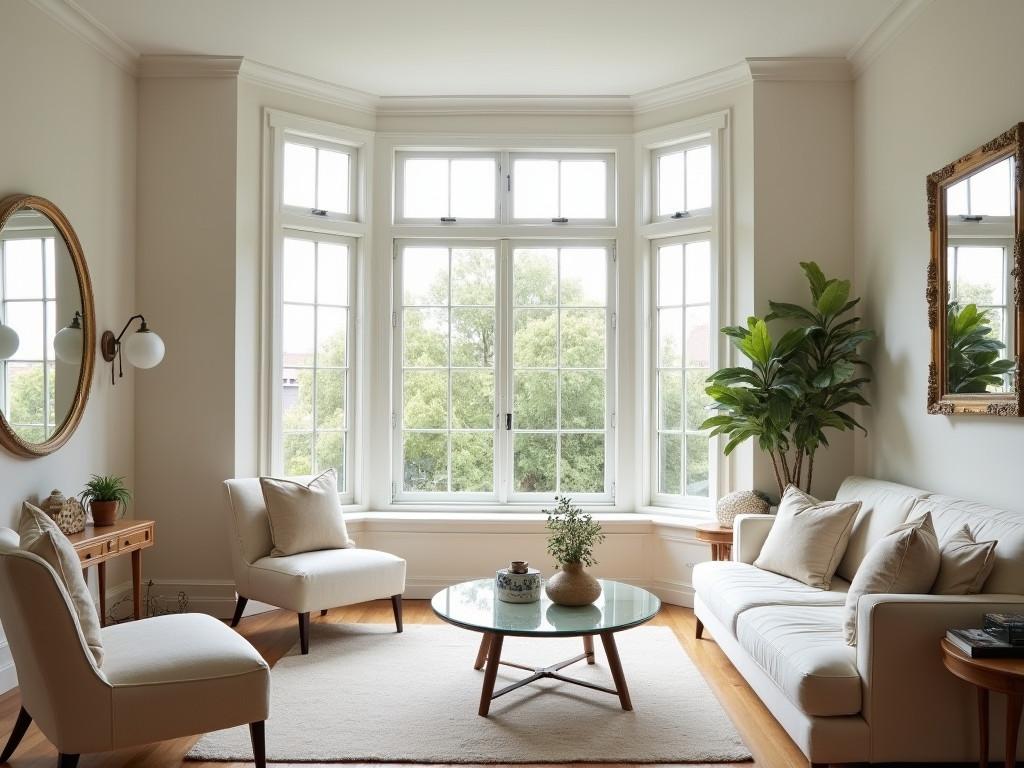 Bright living room with large bay window and light enhancing decor