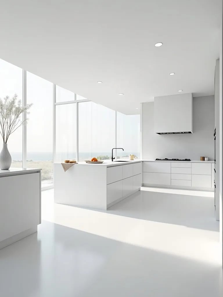 Bright, minimalist all white kitchen with large island and floor to ceiling windows