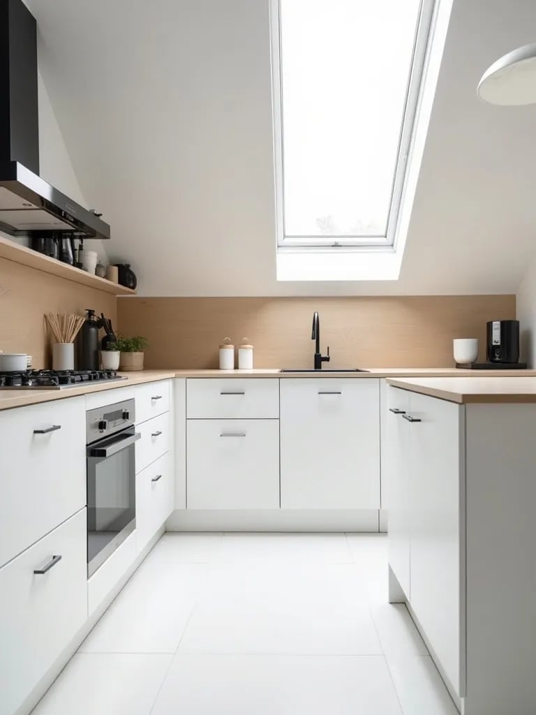 Bright minimalist kitchen with white cabinets and wood backsplash