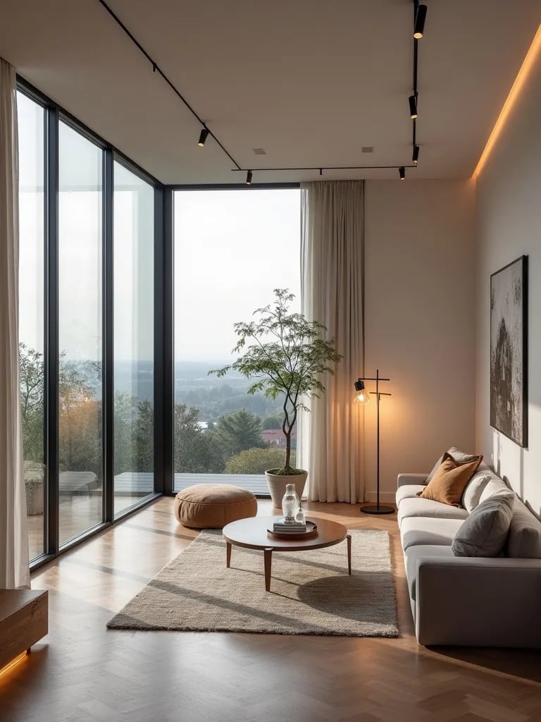Bright minimalist living room with strategic lighting placement