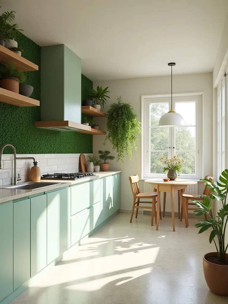 Bright modern kitchen with pale green cabinets and terrazzo countertops