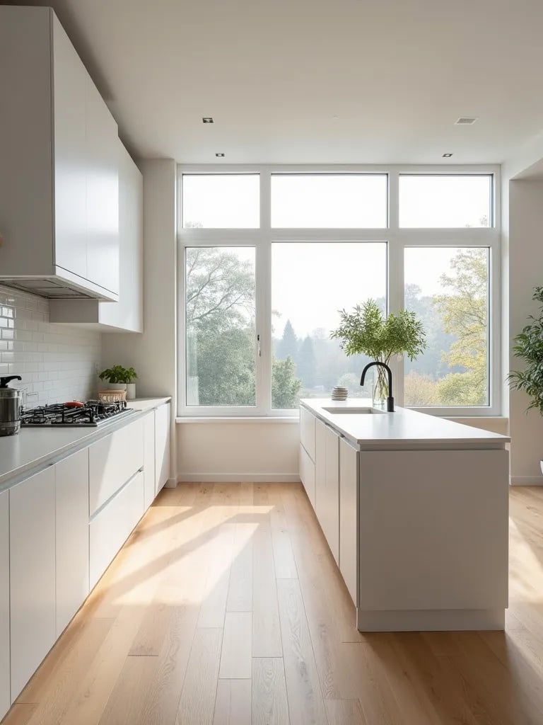 Bright, open concept Scandinavian kitchen with white cabinets and large windows