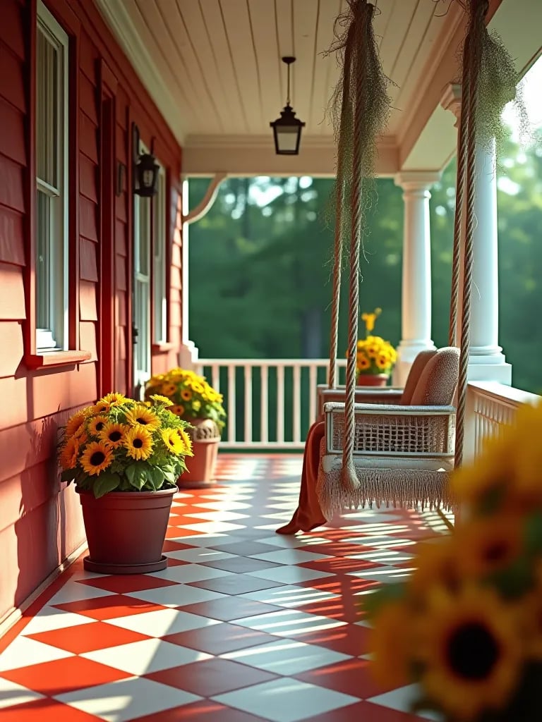 Bright porch with red and white checked floor, porch swing, and potted flowers