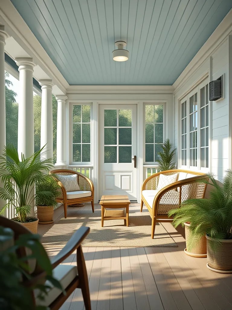 Bright porch with white walls, blue ceiling, and modern wicker furniture