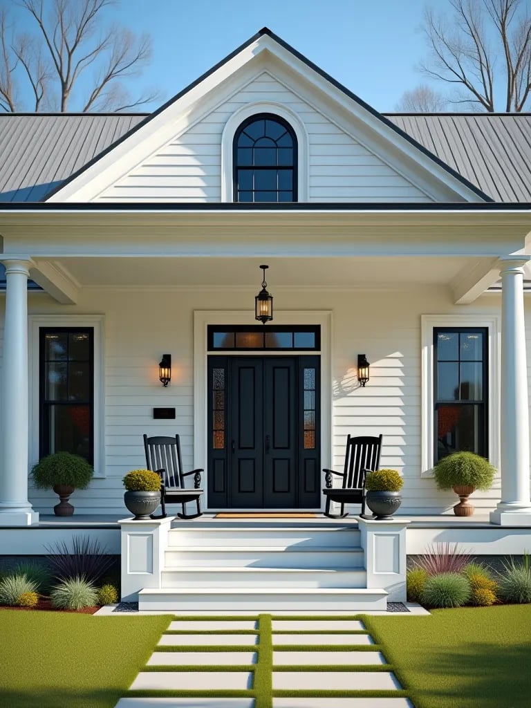 Bright white farmhouse porch with contrasting black furniture