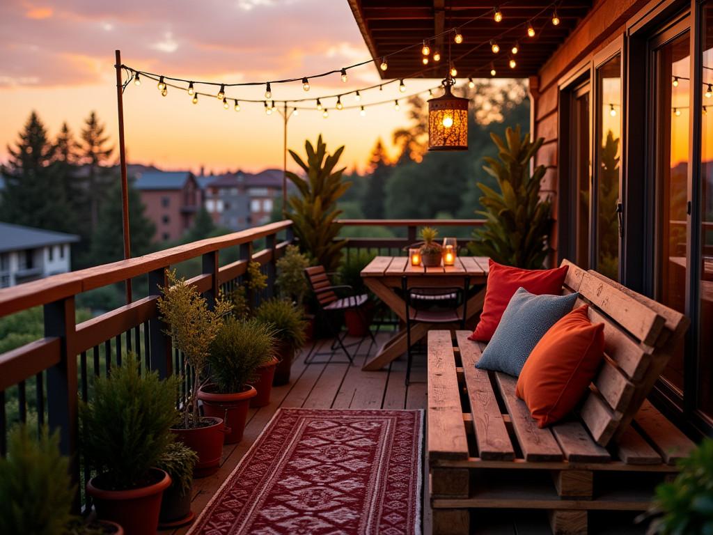 Budget friendly balcony decor with DIY sofa and ambient lighting