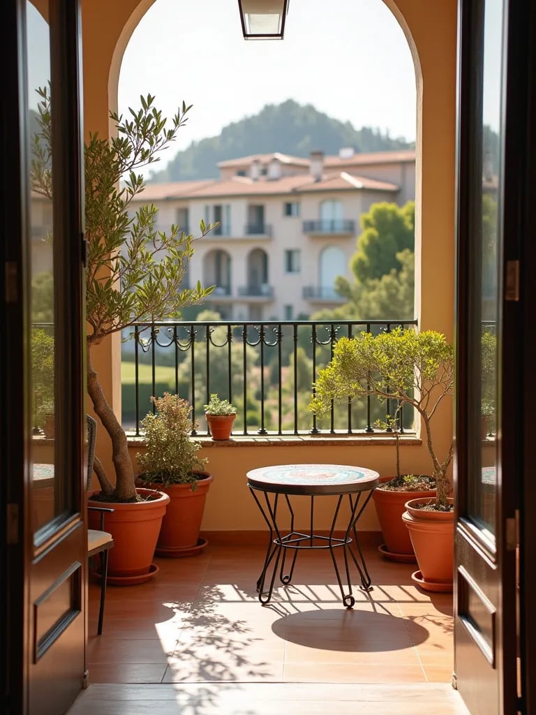 Budget friendly balcony with Mediterranean inspired decor and plants
