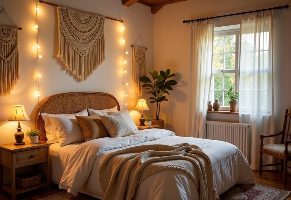 Budget friendly boho bedroom with handmade decor and natural textures