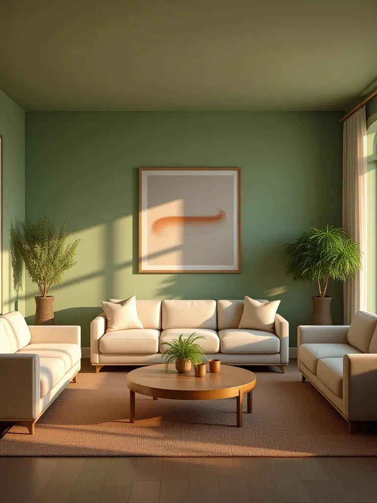 Calm living room with sage green ombre walls and cream linen sofas