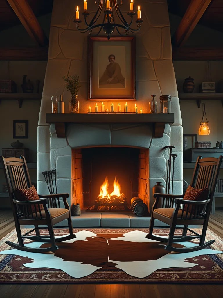 Candlelit rustic living room with stone hearth and wooden rocking chairs