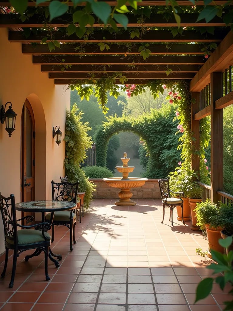Charming European inspired patio with wrought iron furniture and flowering vines