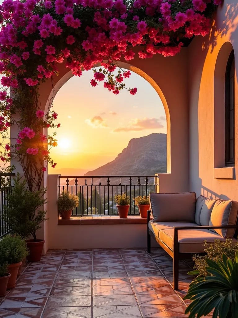Charming Mediterranean style balcony with built in features and cascading flowers