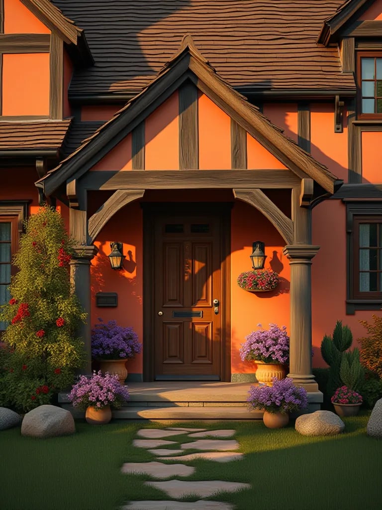 Charming Tudor house featuring warm terracotta porch at golden hour