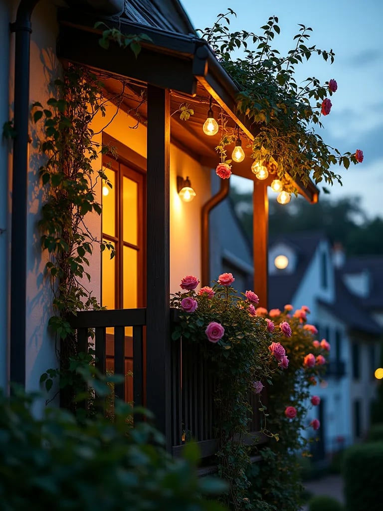 Charming balcony featuring rose covered trellis and twinkling lights